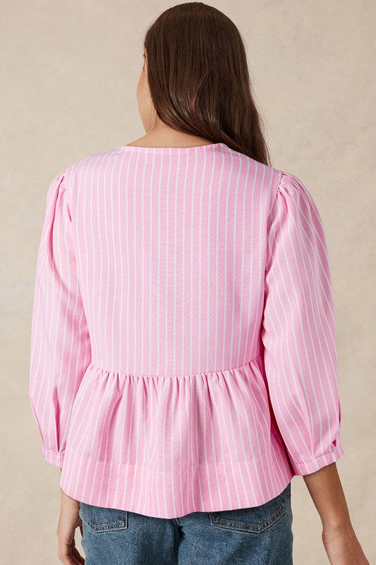 Pink Stripe Tie Front Puff Sleeve Top