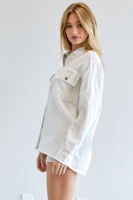 White Blue Button Down Long Sleeve Shirt with Pockets