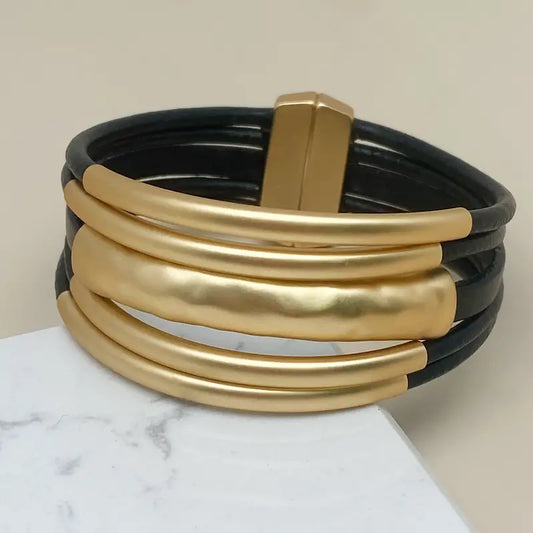 Black and Gold Leather Bangle Bracelet