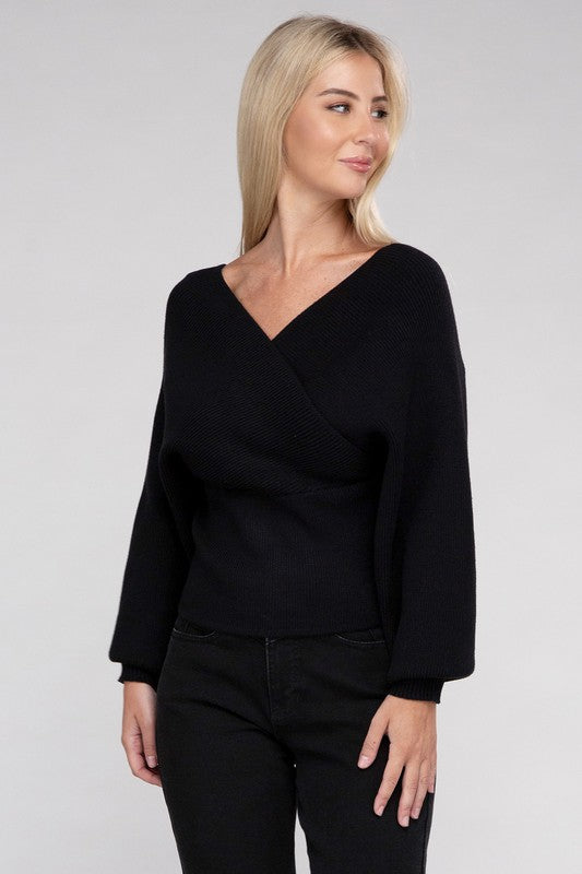 Black Cross Wrap Pullover Sweater