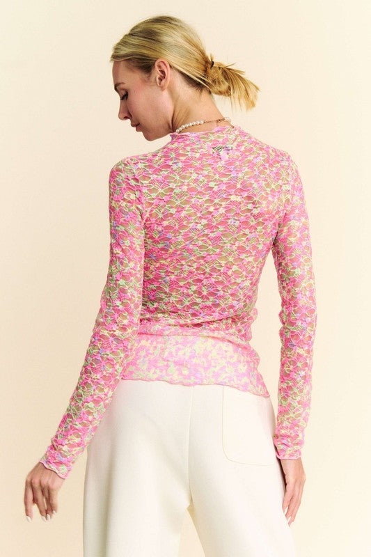 Pink Mesh Floral Long Sleeve Top