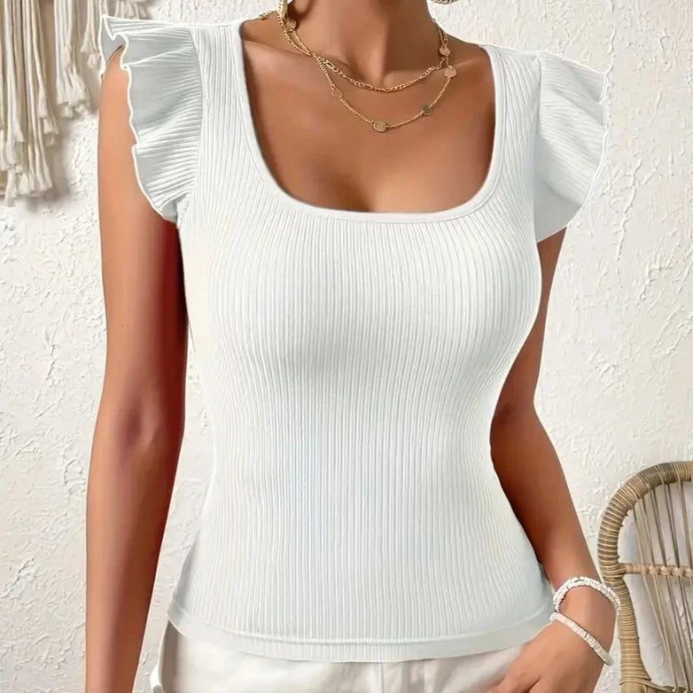 White Ribbed Flutter Sleeve Top