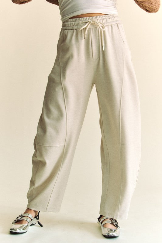 Cream Barrel Leg Drawstring Pants