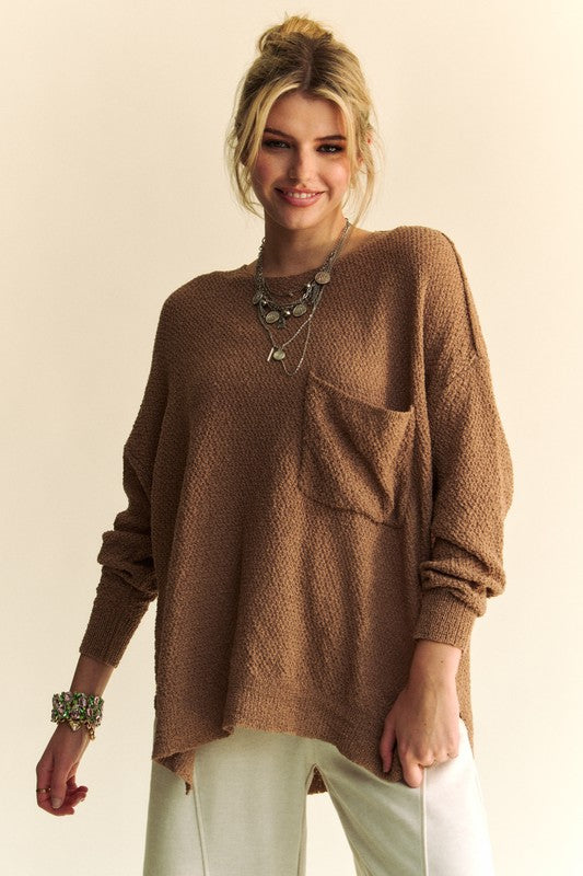 Brown Relaxed Fit Long Sleeve Sweater with Breast Pocket