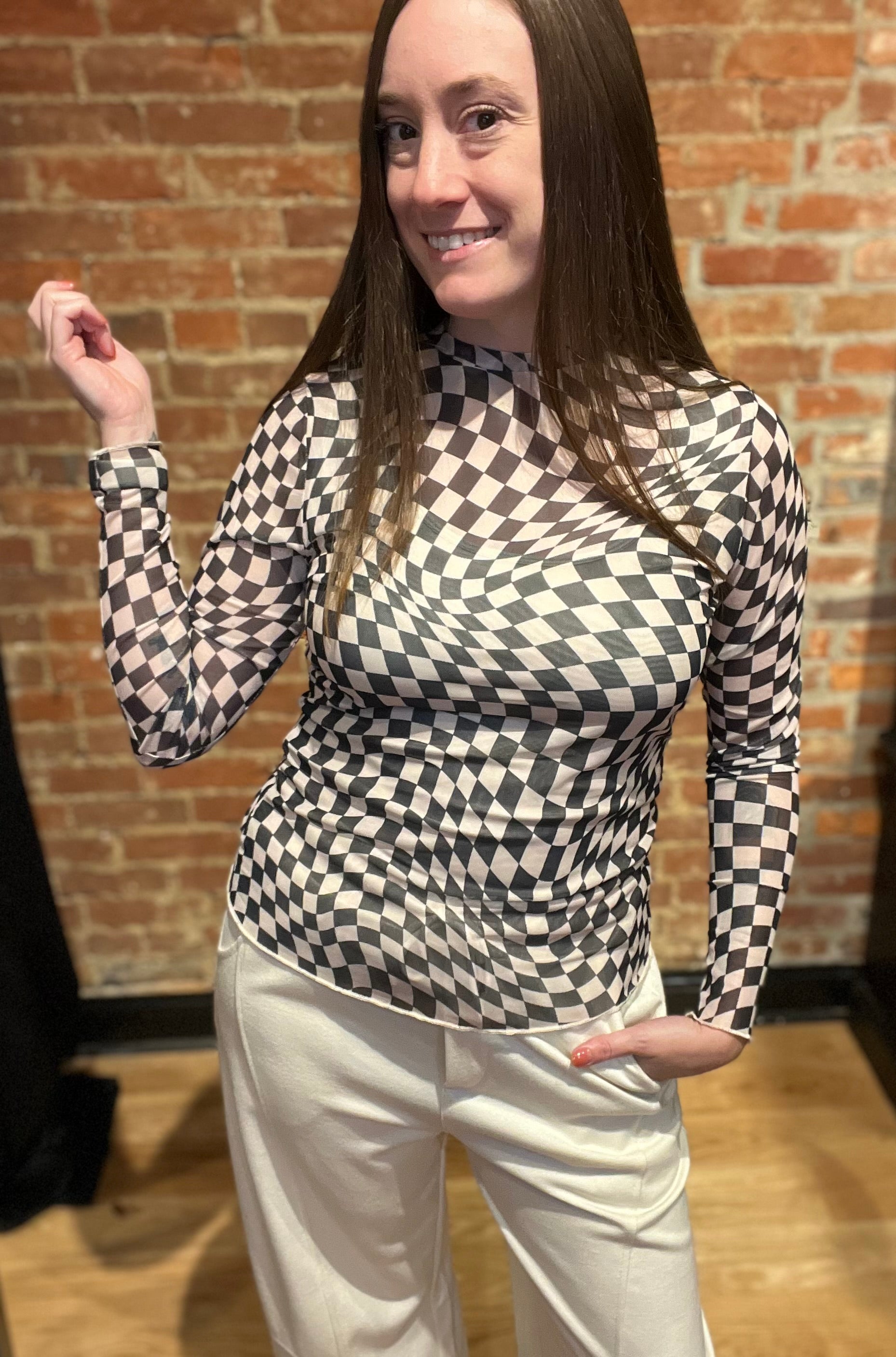 Black Sheer Checker Board Mesh Top