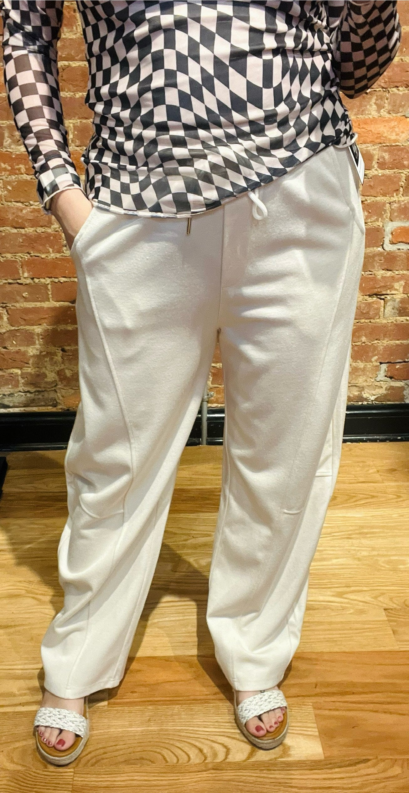 Cream Barrel Leg Drawstring Pants