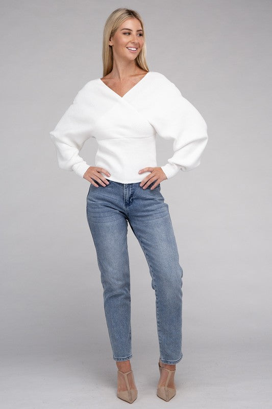 White Cross Wrap Pullover Sweater