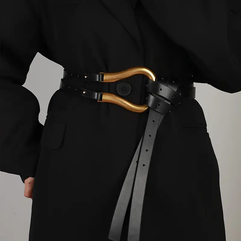 Black Vegan Leather Tie Belt with Gold Accents