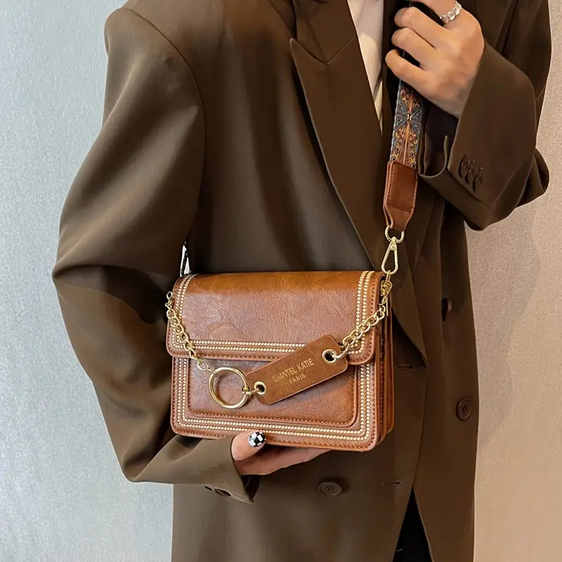 Brown Vegan Leather Crossbody Bag with Gold Closures