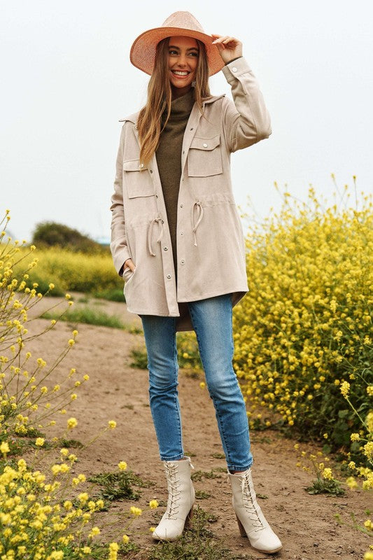 Beige Suede Drawstring Shacket 