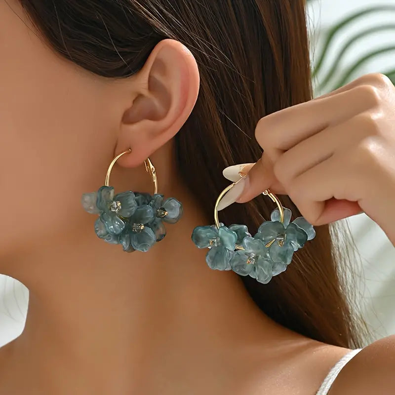 Blue Acrylic Flower Hoop Earrings with Gold Hardware 