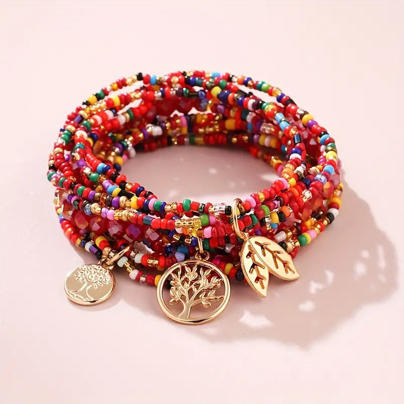 Red Beaded Stacked Bracelet Set with Tree and Leaf Gold Pendants 