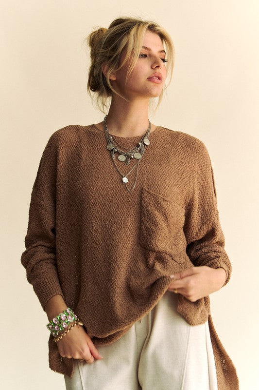 Brown Relaxed Fit Long Sleeve Sweater with Breast Pocket