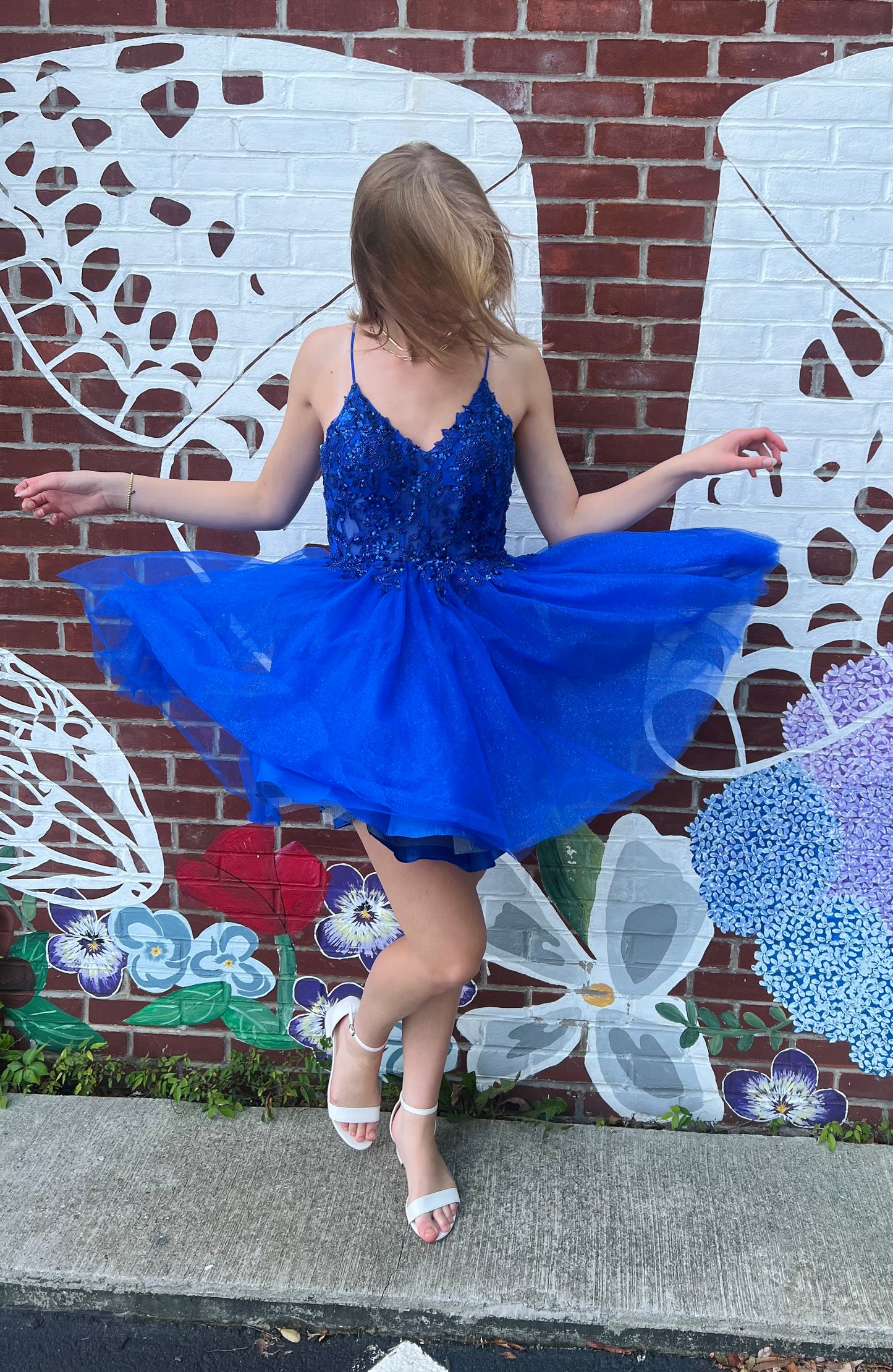 Royal Blue Glitter Tulle A-Line and Beaded Sheer Bodice Short Dress