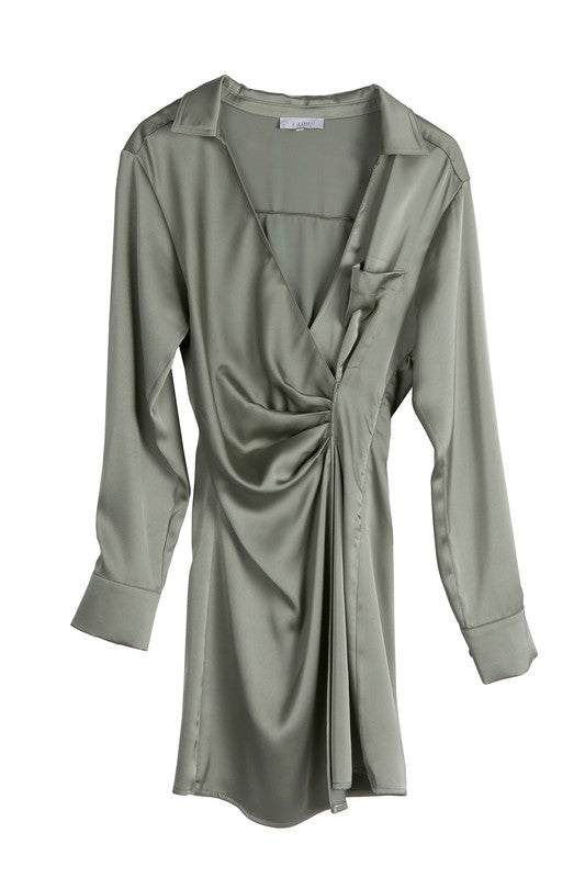 Sage Satin Wrap Mini Dress