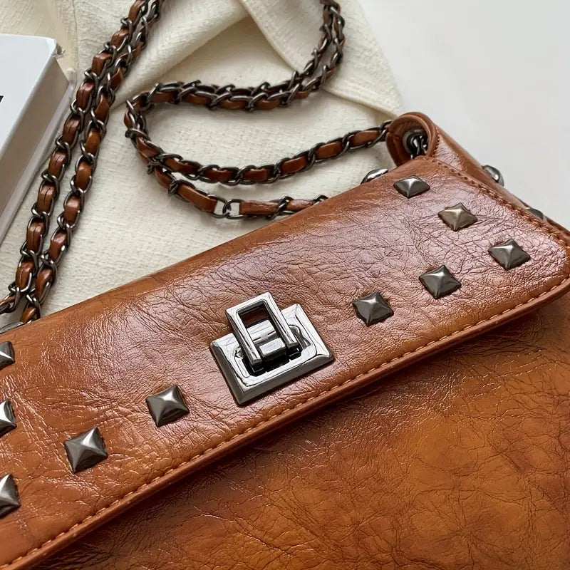 Brown Studded Shoulder Purse with Turn-lock Closures