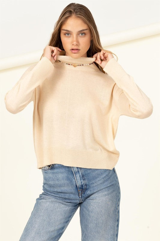 Cream High Neckline Long Sleeve Sweater