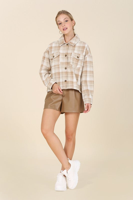 Beige Plaid Short Shacket with Pockets 