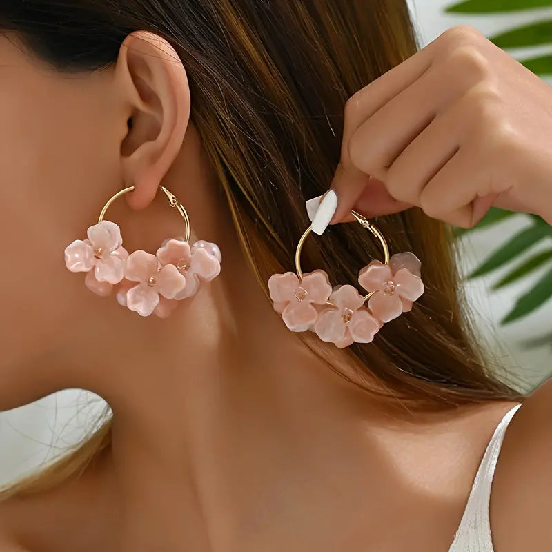 Pink Acrylic Flower Hoop Earrings with Gold Hardware 