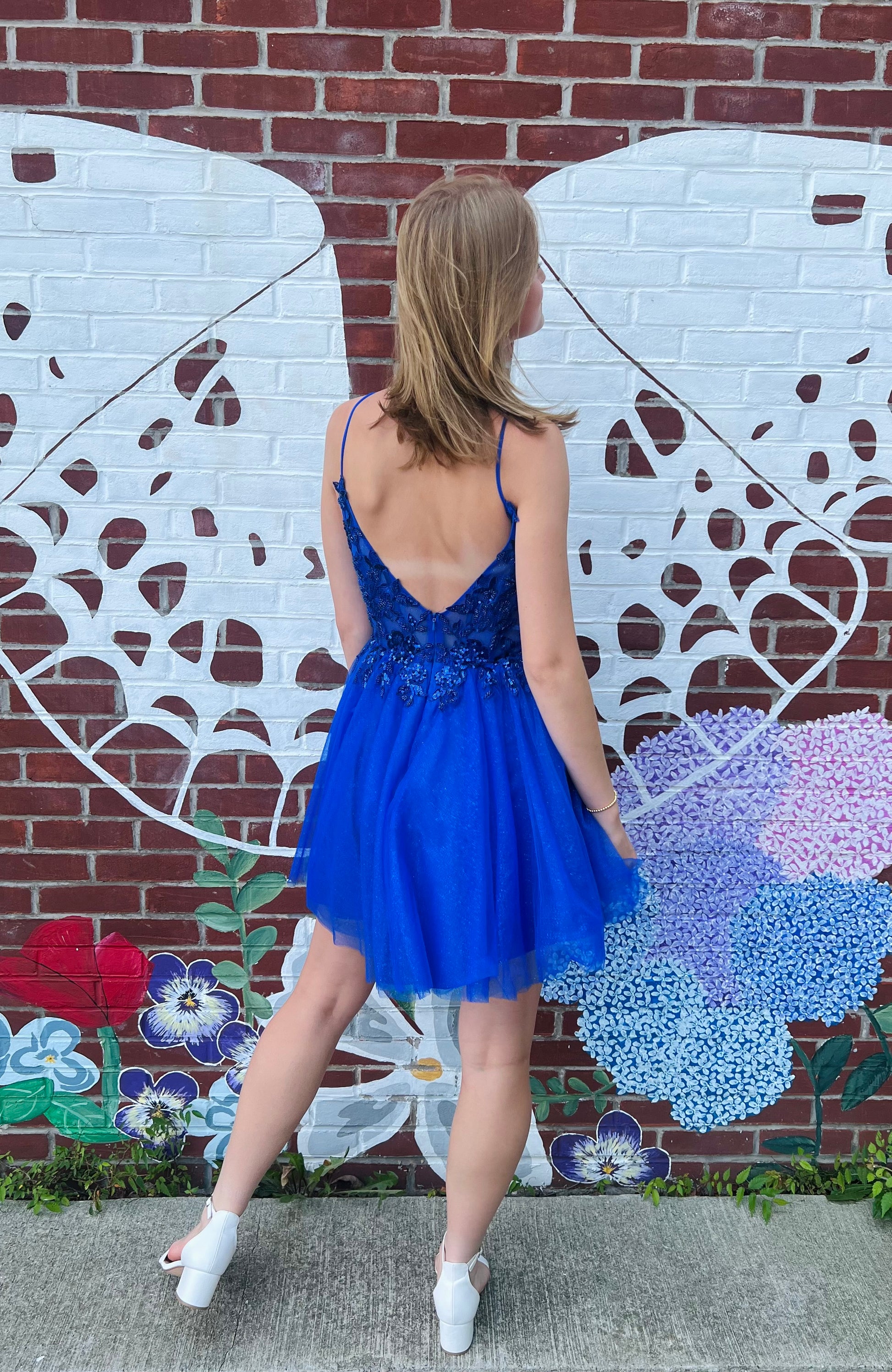 Royal Blue Glitter Tulle A-Line and Beaded Sheer Bodice Short Dress