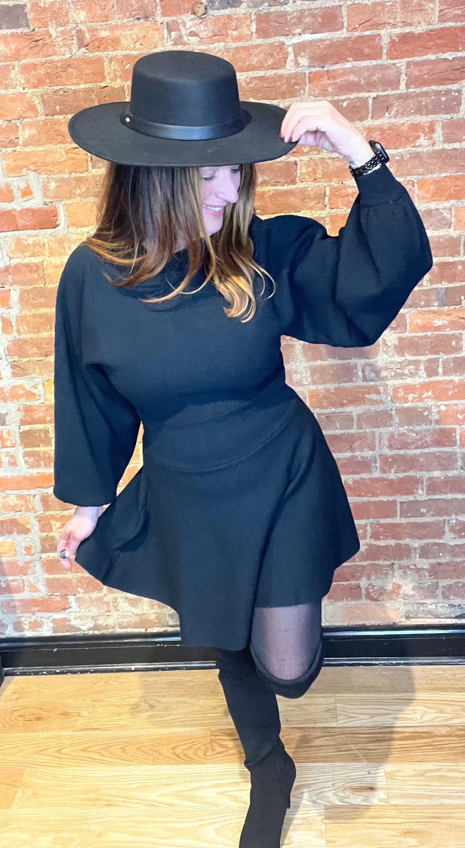 Black Balloon Sleeve Mini Sweater Dress