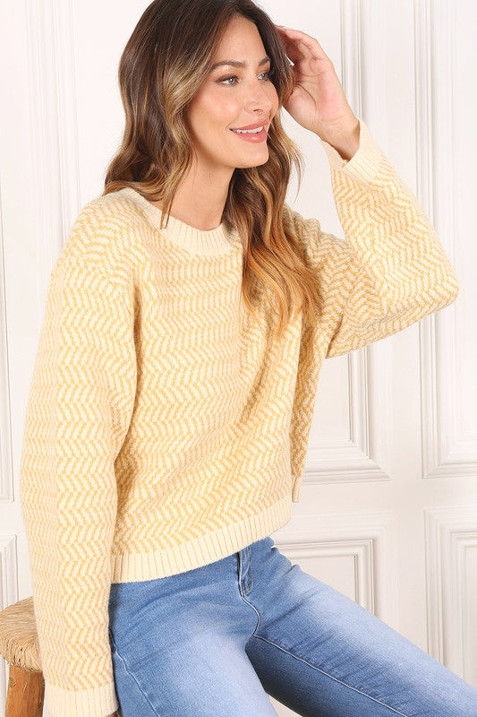 Yellow Herringbone Pattern Crew Neck Sweater