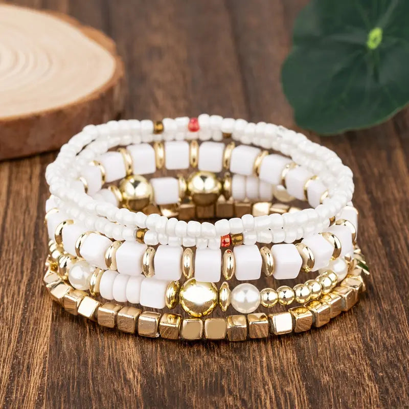 White 5 Piece Beaded Bracelet Set