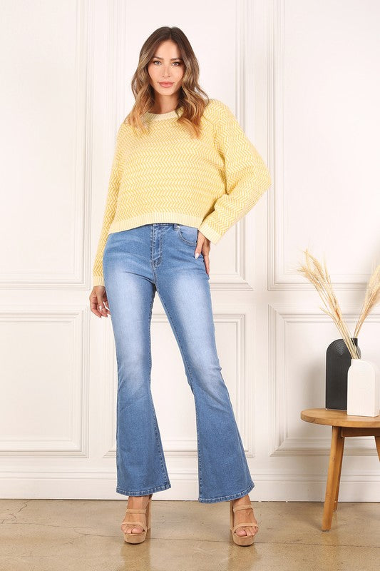 Yellow Herringbone Pattern Crew Neck Sweater