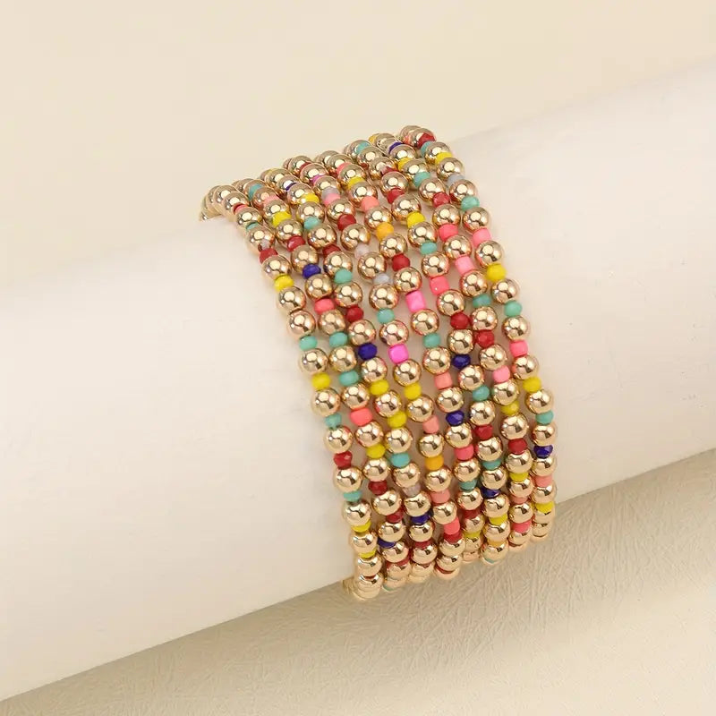 Multi Color Rainbow and Gold Beaded Bracelet Set