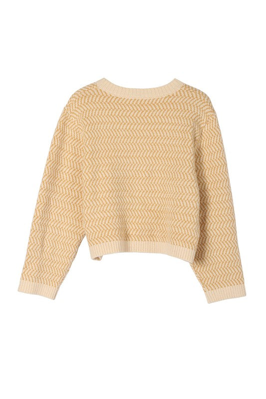 Yellow Herringbone Pattern Crew Neck Sweater