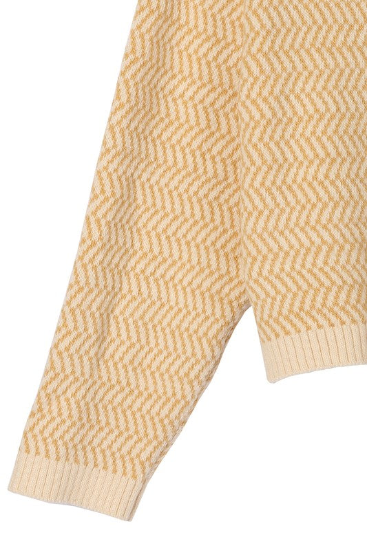 Yellow Herringbone Pattern Crew Neck Sweater