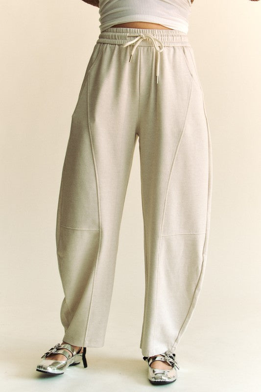 Cream Barrel Leg Drawstring Pants