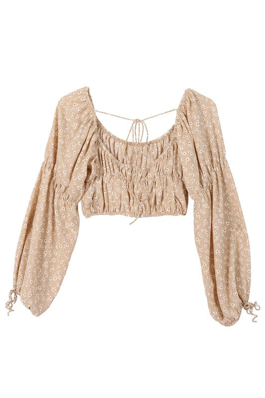 Beige Floral Long Sleeve Crop Top