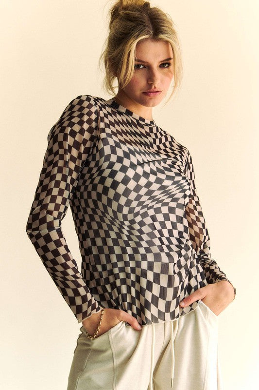 Black Sheer Checker Board Mesh Top