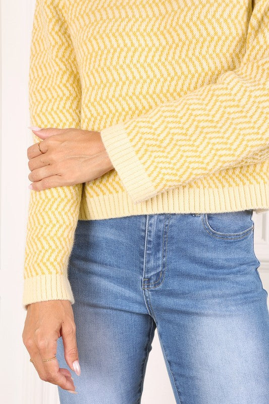 Yellow Herringbone Pattern Crew Neck Sweater