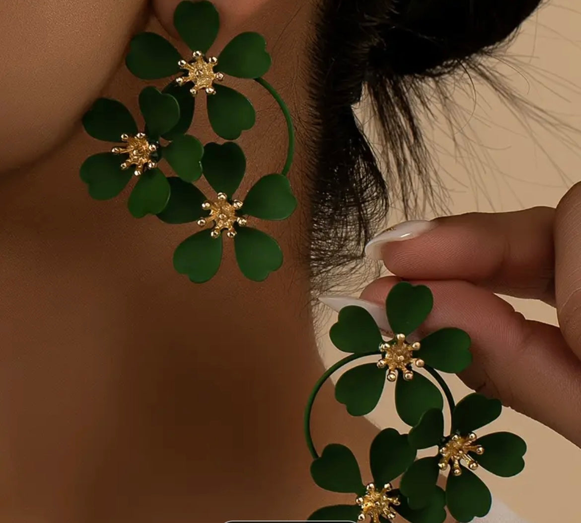 Green and Gold Floral Hoop Earrings