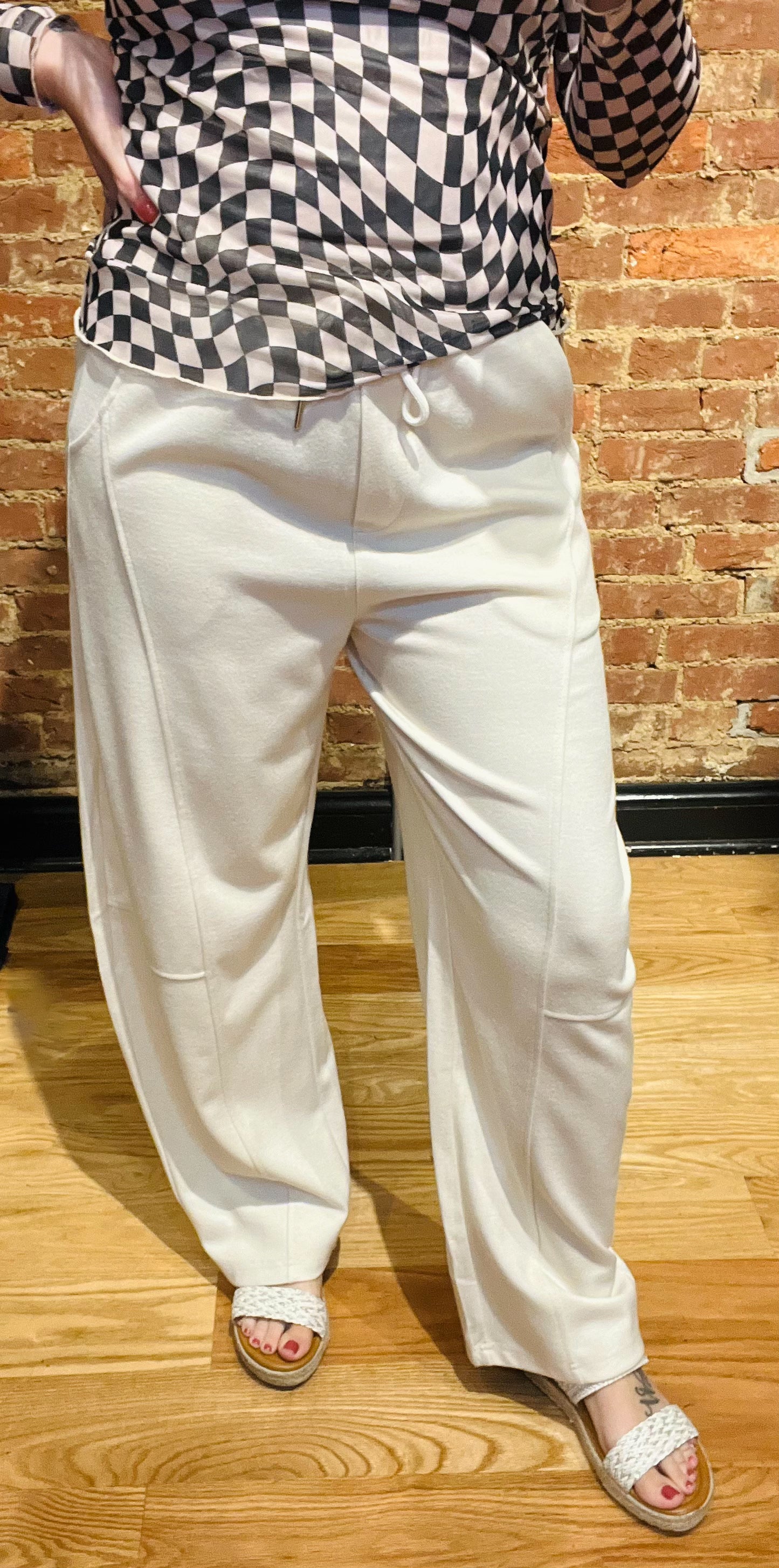 Cream Barrel Leg Drawstring Pants