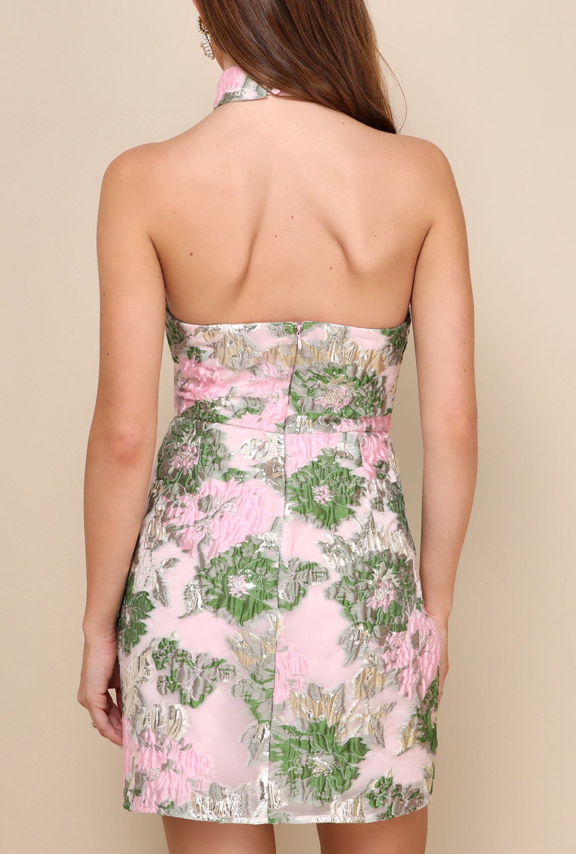 Green, Pink, and Gold Floral Halter Mini Dress