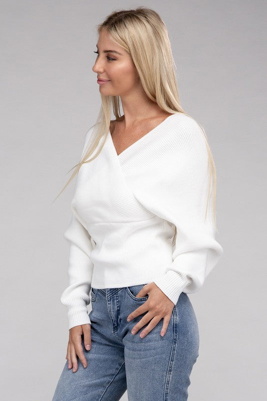 White Cross Wrap Pullover Sweater