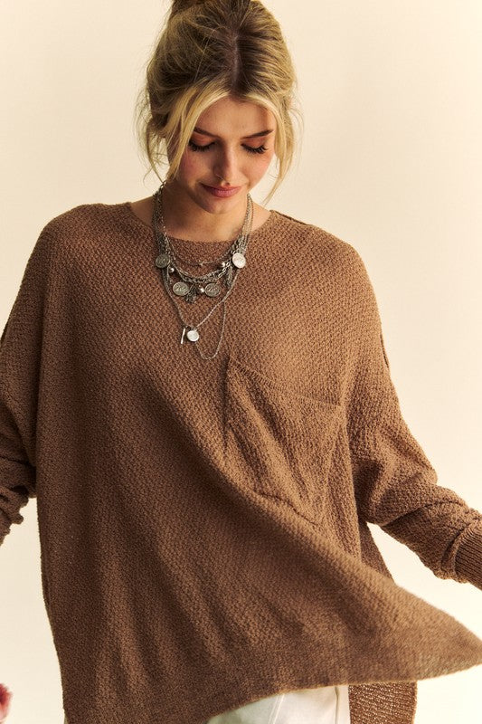 Brown Relaxed Fit Long Sleeve Sweater with Breast Pocket