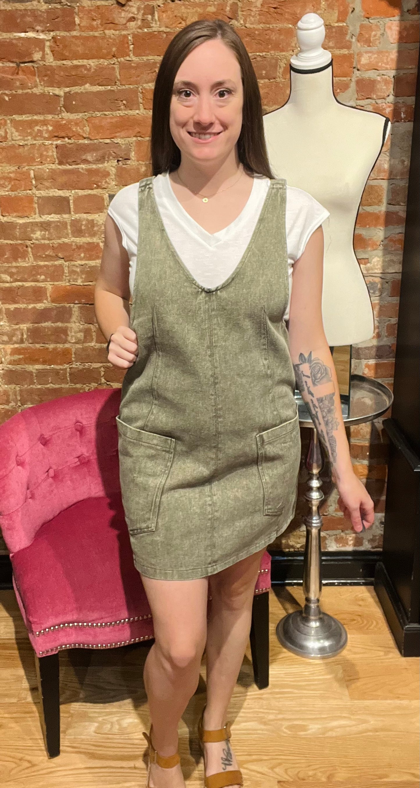 Olive Denim Overall Dress