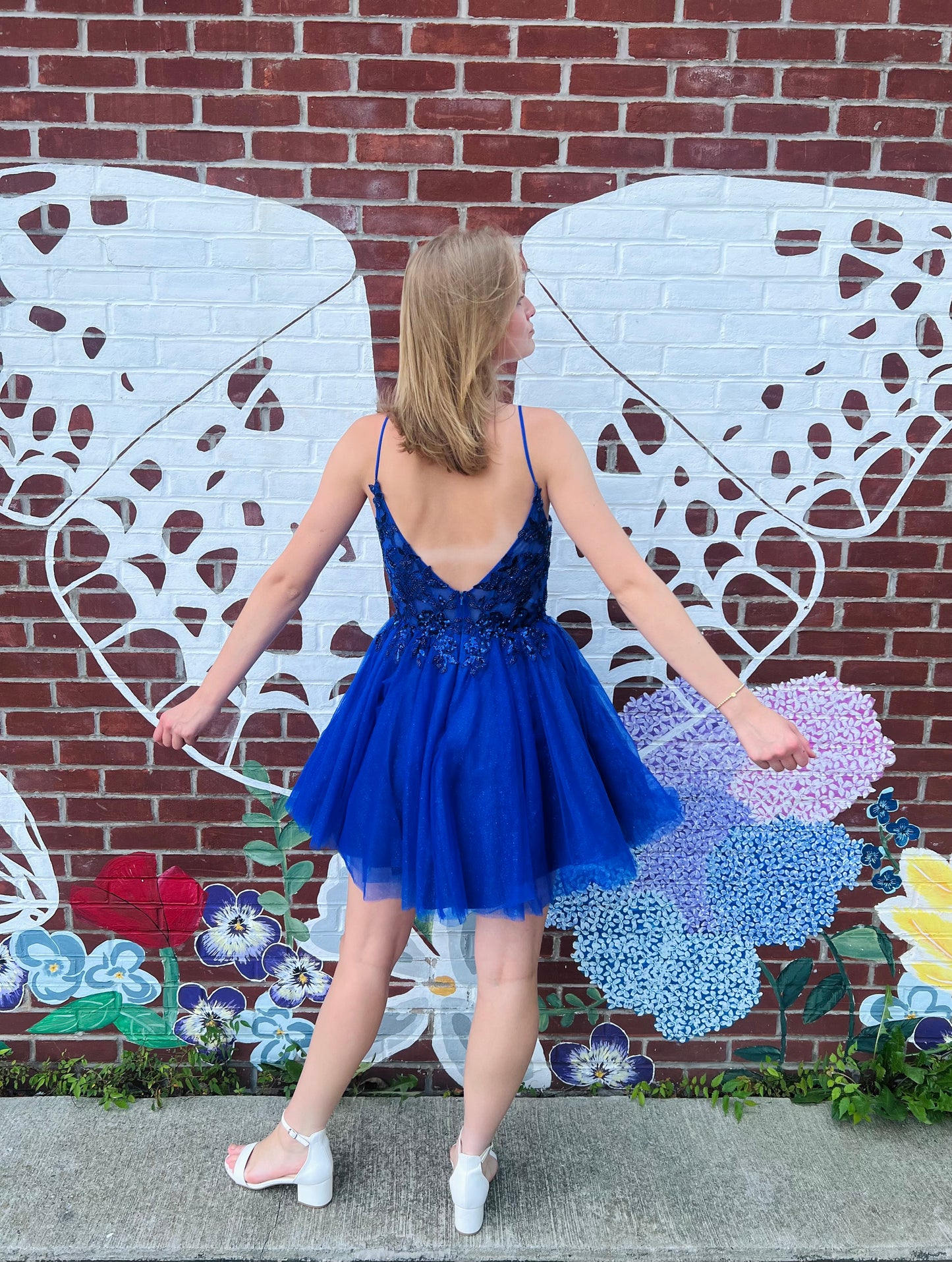 Royal Blue Glitter Tulle A-Line and Beaded Sheer Bodice Short Dress