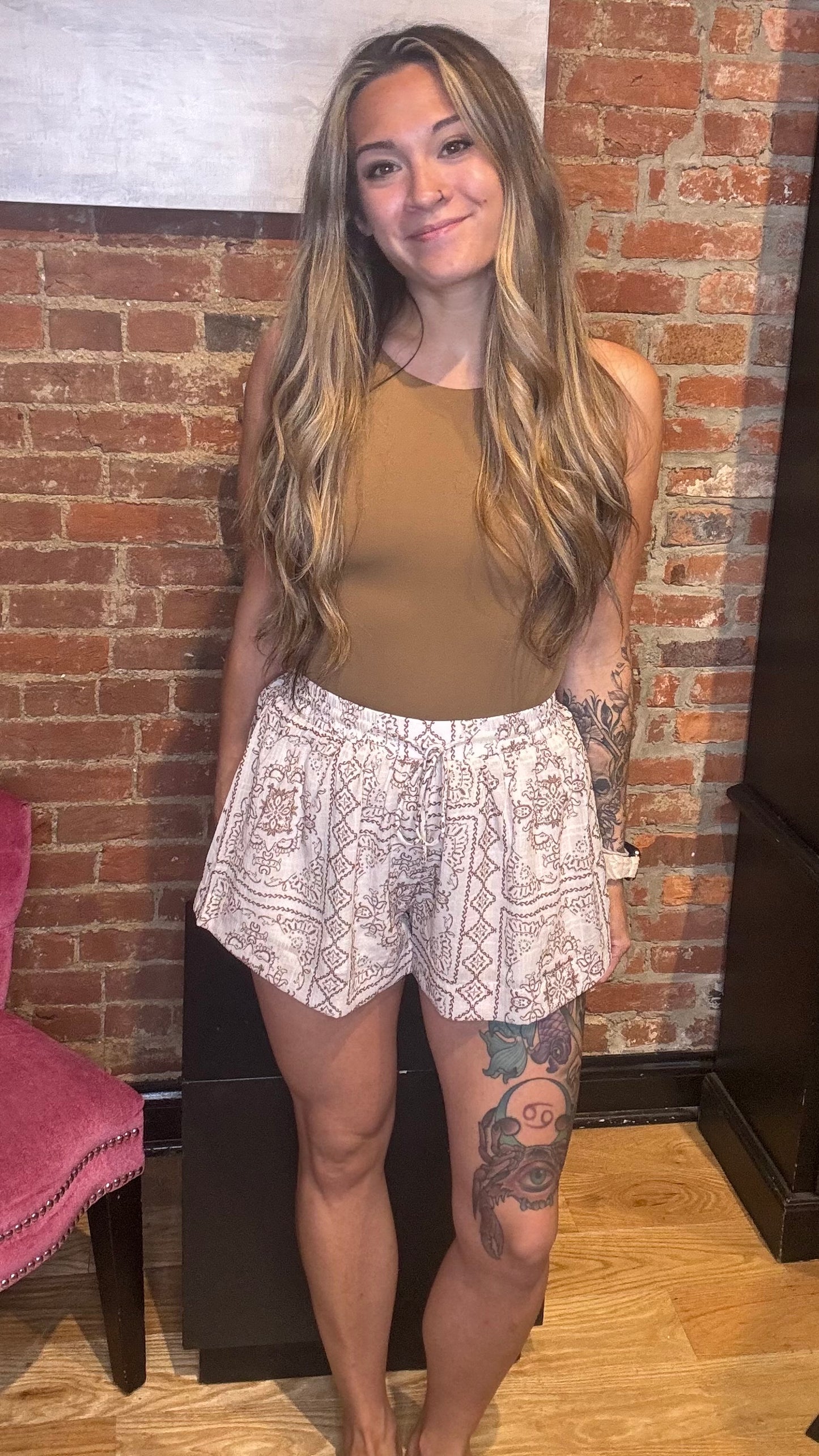 Cream Paisley Print Elastic Waisted Shorts with a Self Tie