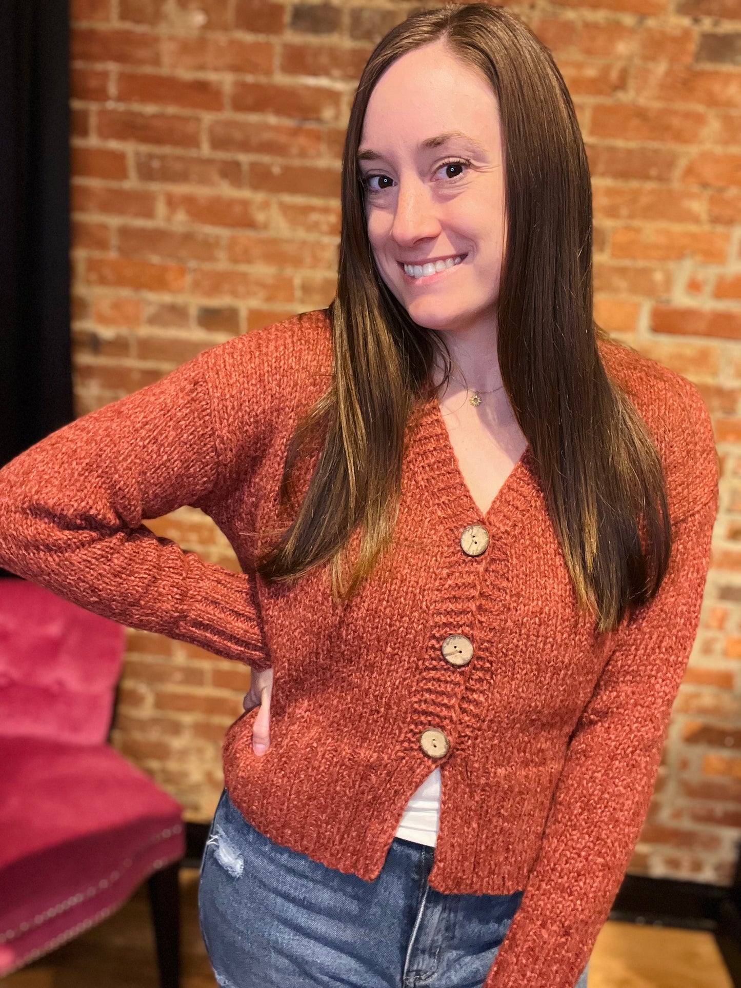 Brick red button up cardigan 