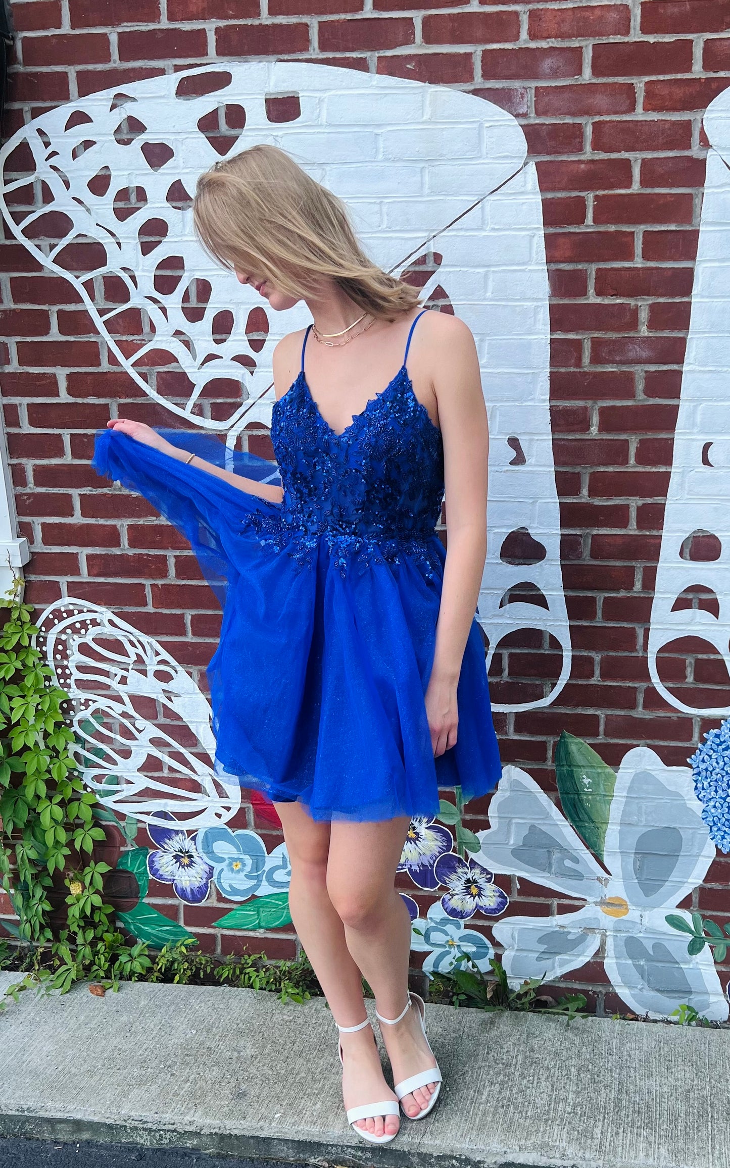 Royal Blue Glitter Tulle A-Line and Beaded Sheer Bodice Short Dress