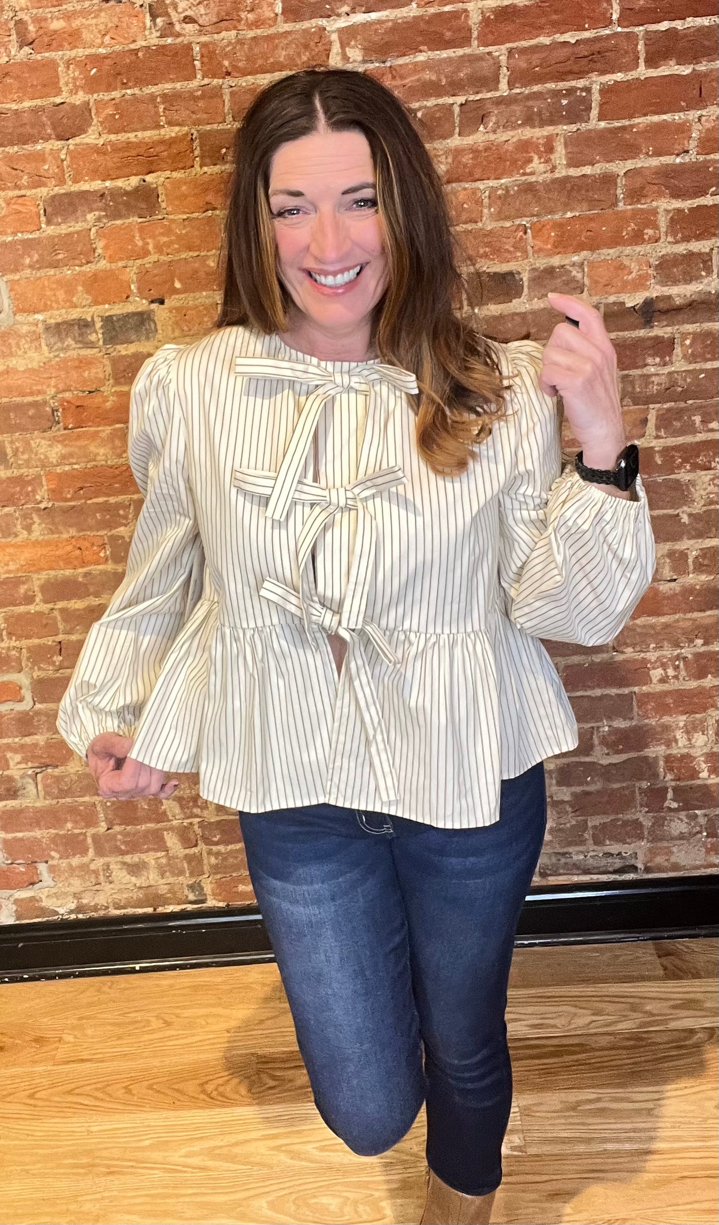 Beige Long Sleeve Tie Front Top