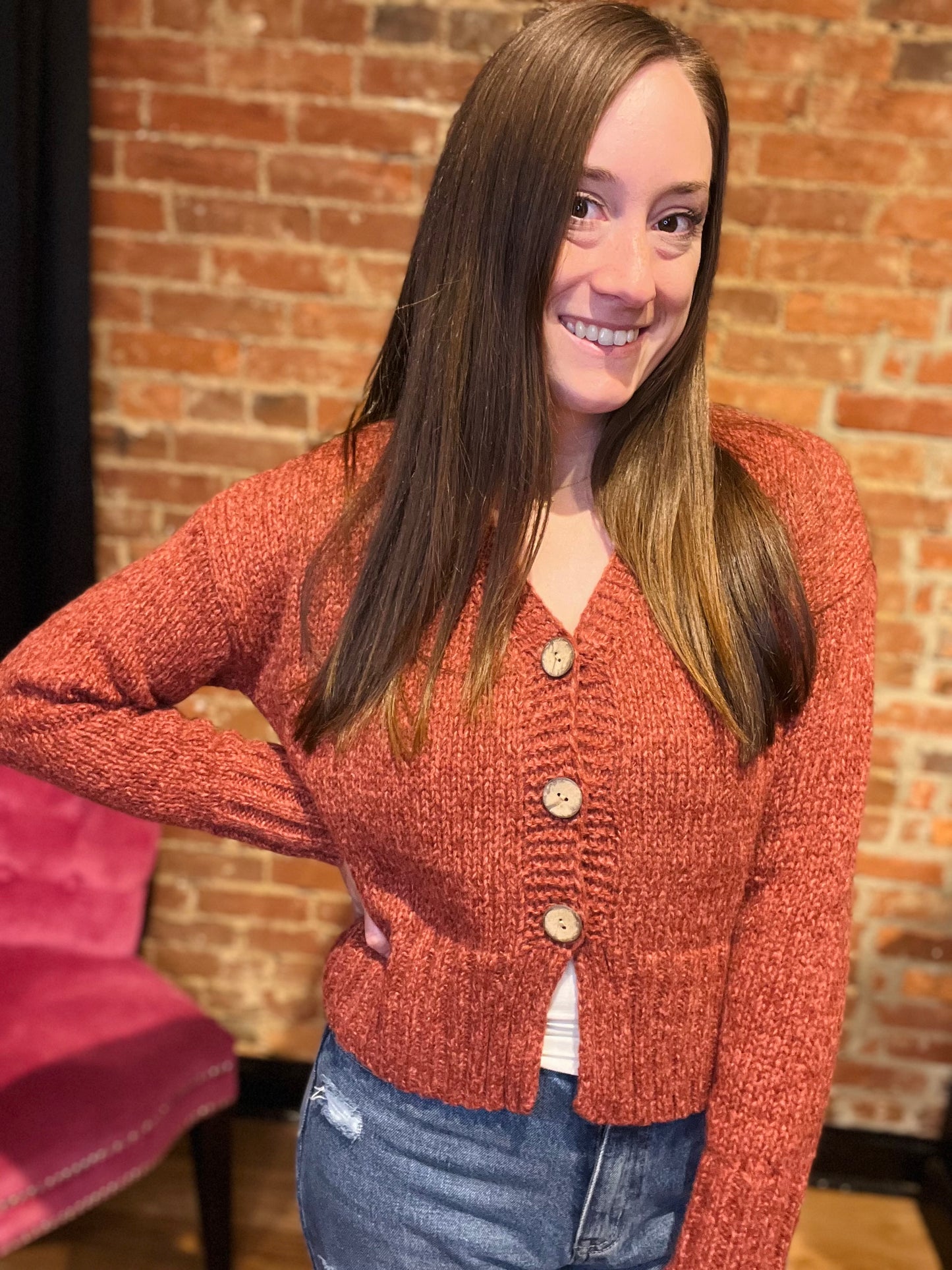 Brick red button up cardigan 
