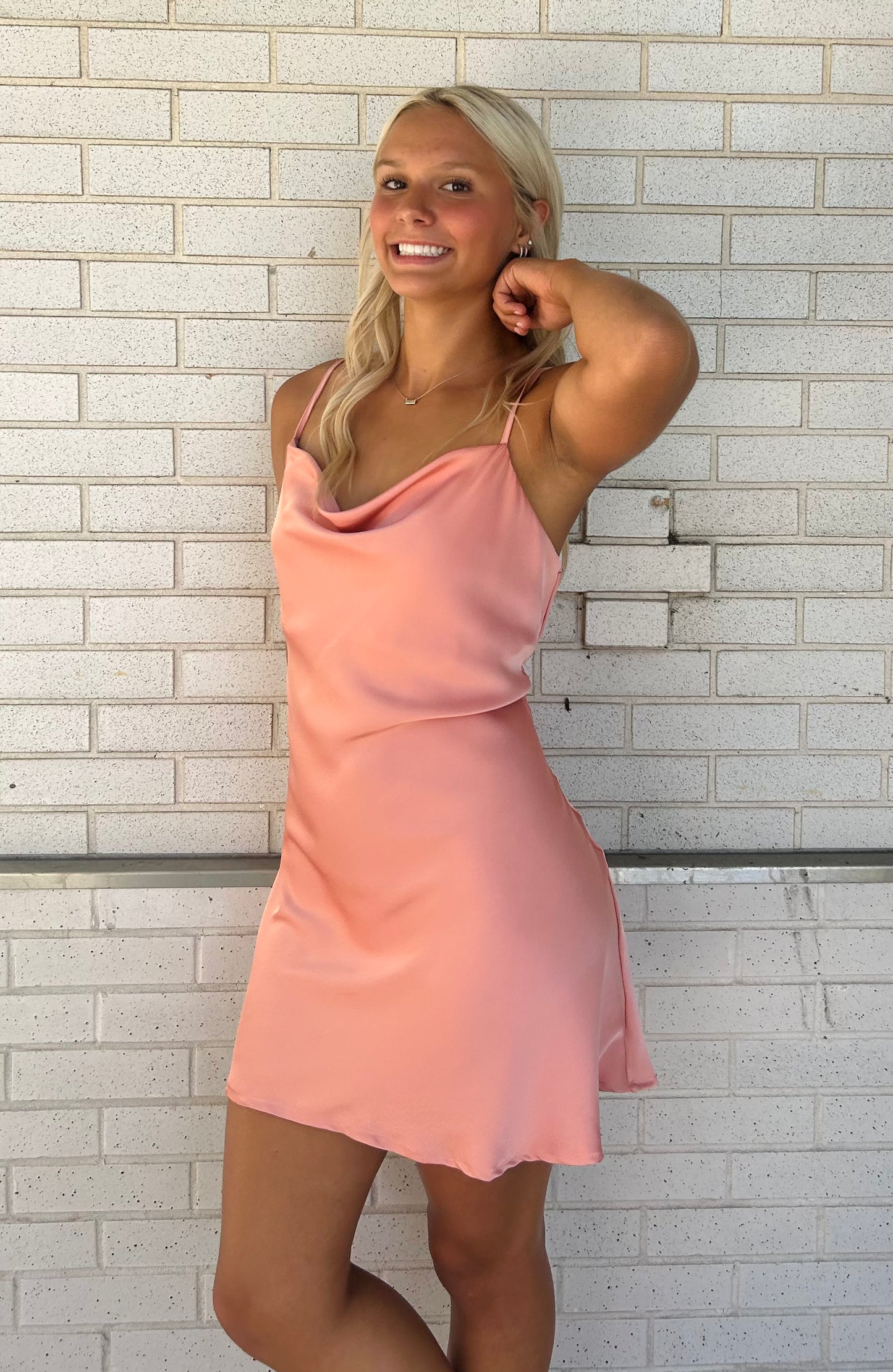 Champagne Cowl Neck Short Cocktail Dress with Spaghetti Straps