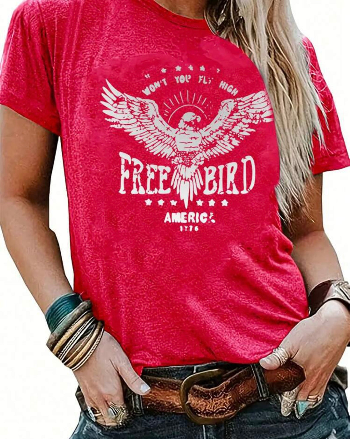 Red and White Free Bird America Graphic Tee