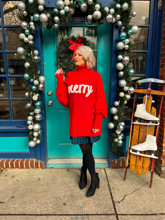 Red and White Merry Turtleneck Sweater